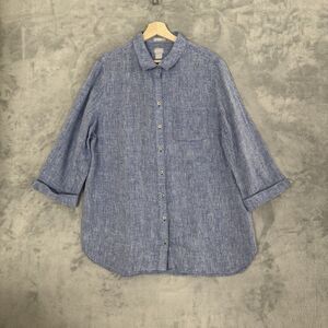 Chicos Linen Shirt Womens 3 XL Blue 3/4 Sleeve Button Down Pocket